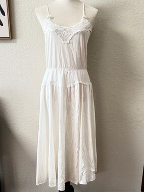 Vintage Henson Kickernick Nightgown Lace Maxi Slip Dress Ivory Nylon Rayon Sz L